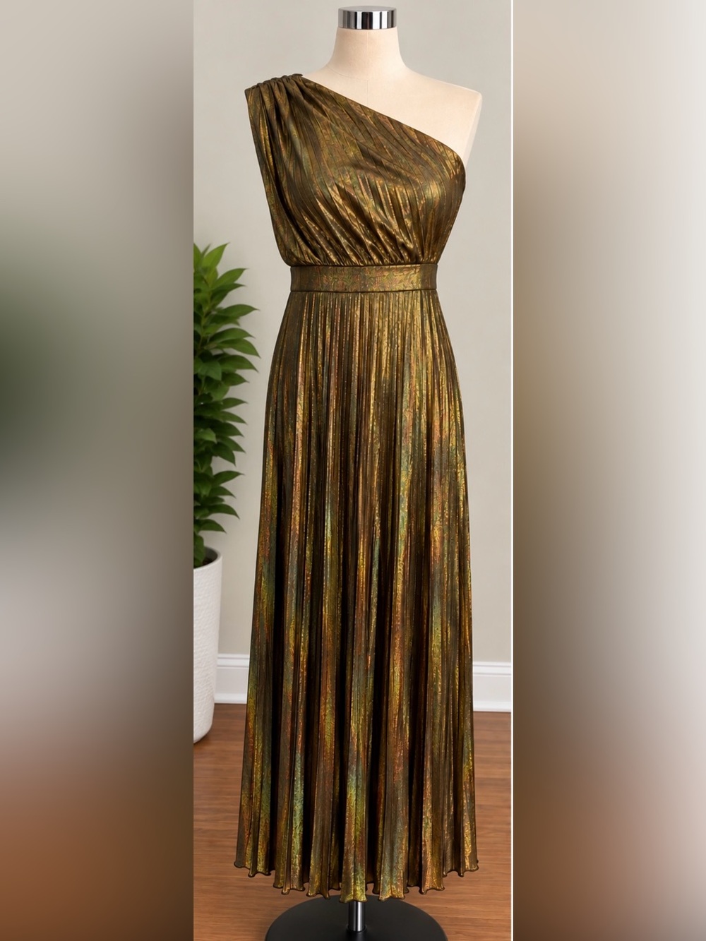 Metallic Bronze Gold One-Shoulder Maxi Dress